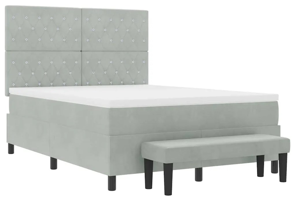 Cama Box Spring com Colchão e Banco Cinza Claro 140x190 cm Veludo