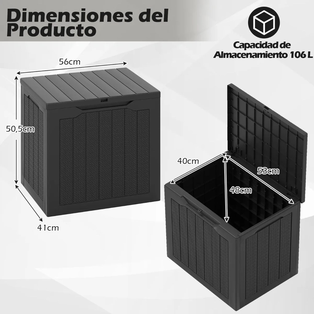 Caixa de armazenamento exterior de 96 L com tampa com fechadura e textura de rattan tecido  56 x 41 x 50,5 cm preto