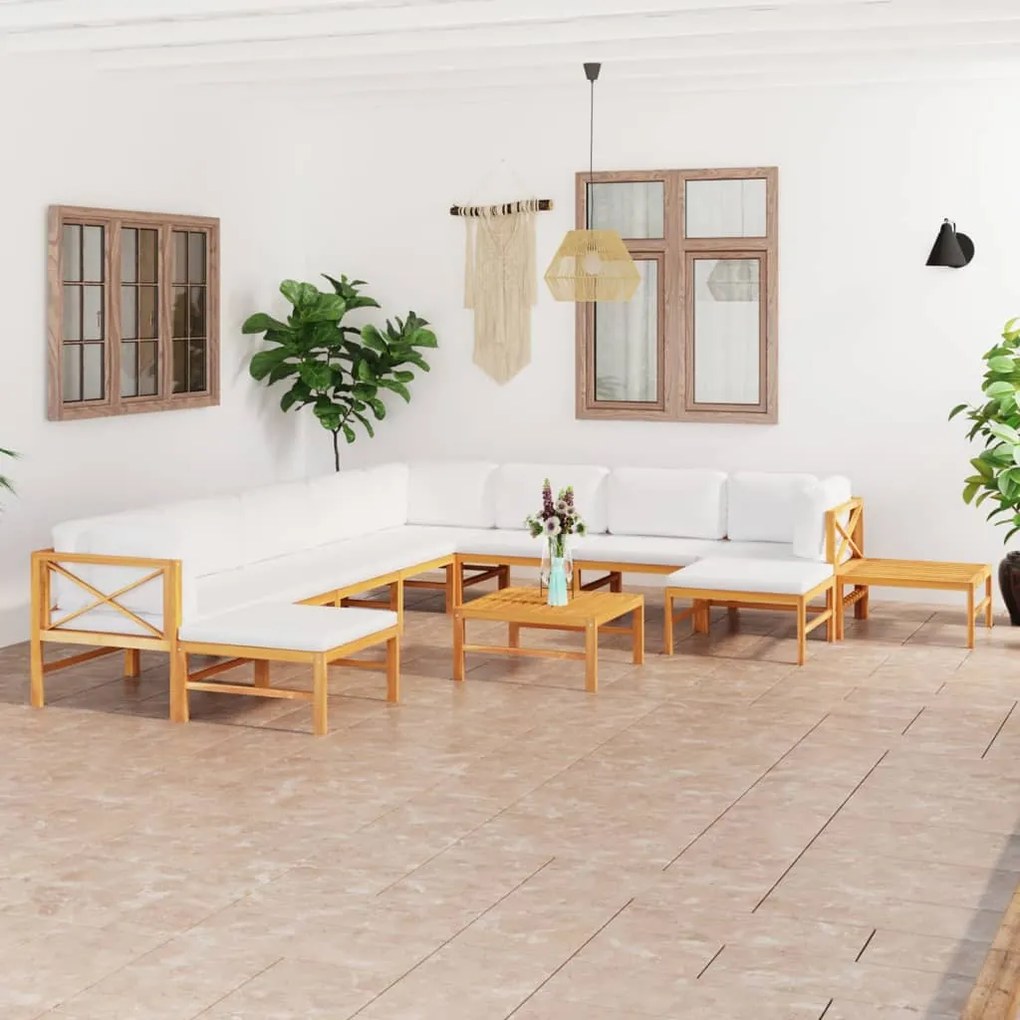 vidaXL 12 pcs conj. lounge jardim c/ almofadões cor creme teca maciça