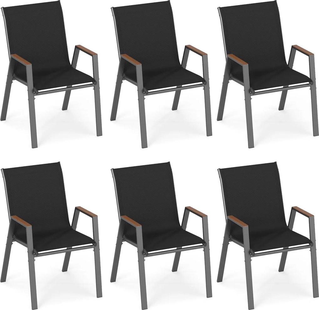 Conjunto de 6 Cadeiras de Jardim Empilháveis (PACOTE SÓ INCLUI 6 CADEIRAS, MESA NÃO INCLUIDA), 56 x 66 x 88 cm, Encosto Alto Ergonómico, Preto
