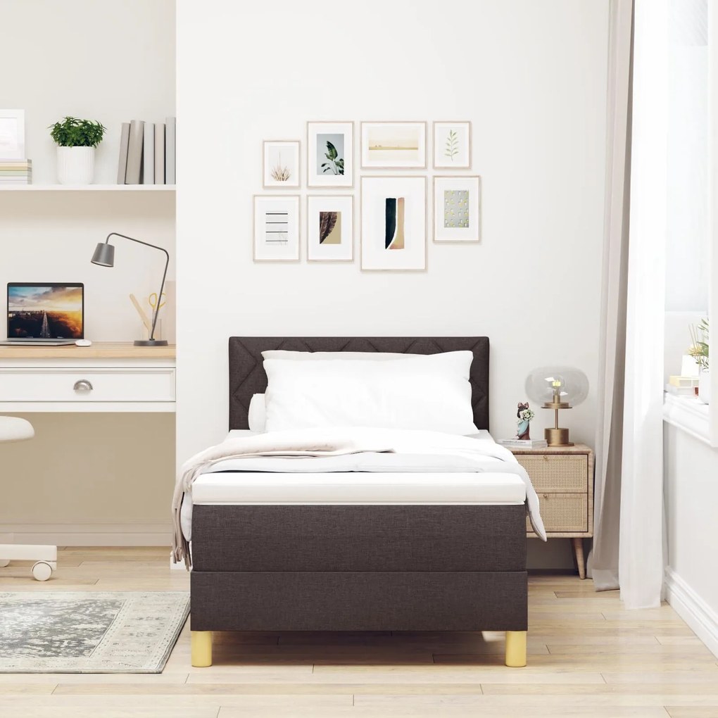 Cama Box com Colchão & LED Castanho Escuro 90x200 cm Tecido