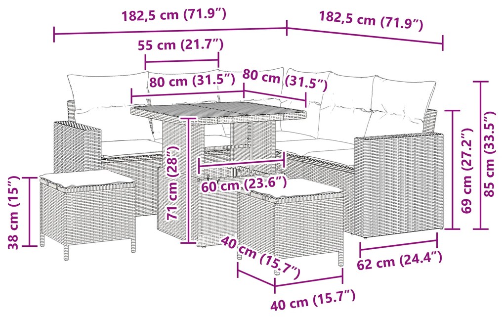Conjunto de Sofá de Jardim vidaXL com 8 Peças e Almofadas Bege Polirat