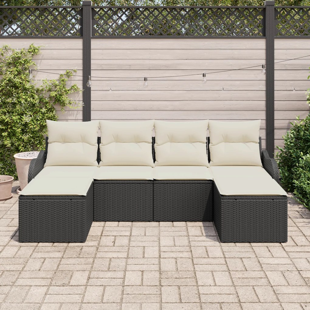 Conjunto de Sofá de Jardim de 6 Peças com Almofadas Preto Rattan, Sofá