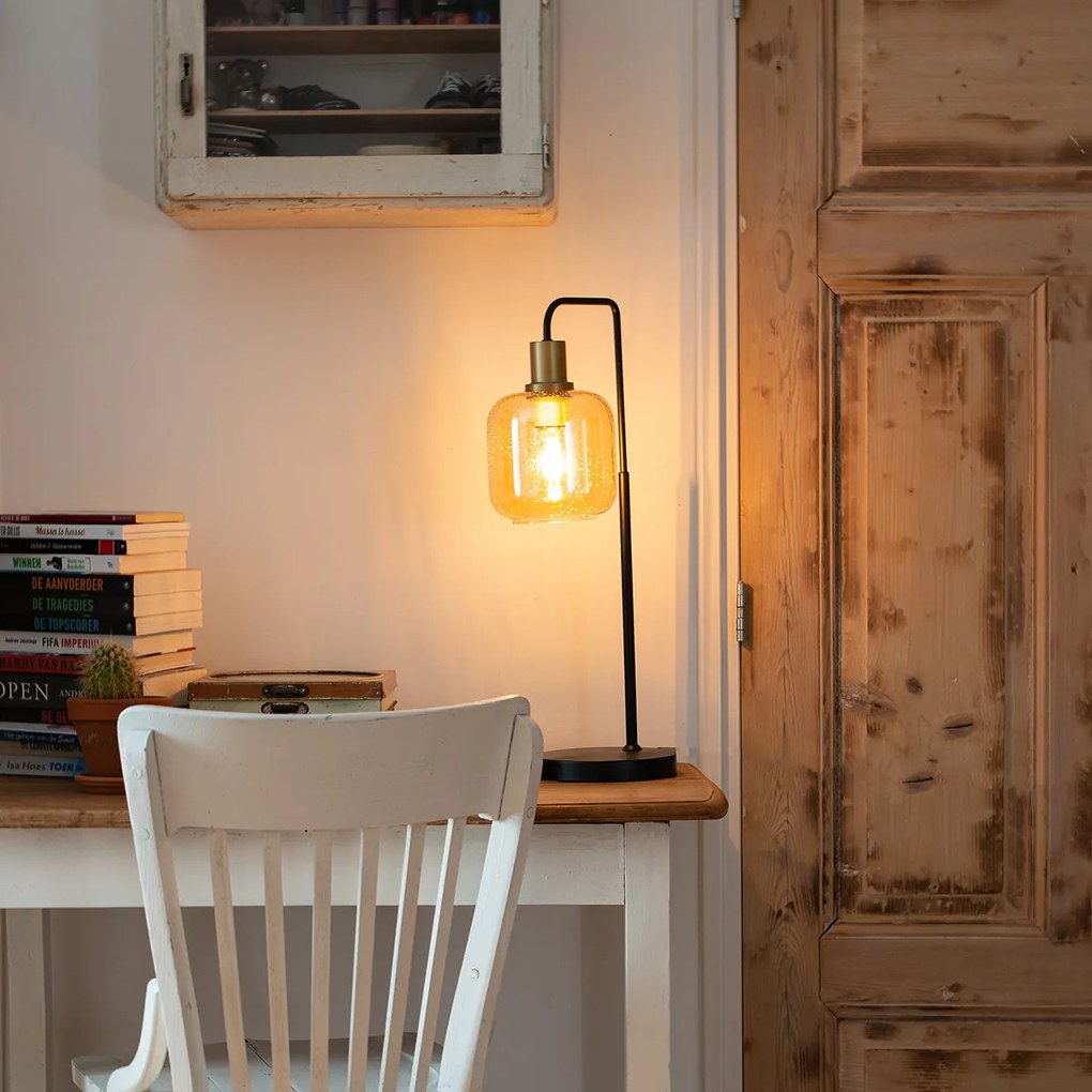 Candeeiro de Mesa Design Preto com Latão e Vidro Âmbar - Zuzanna