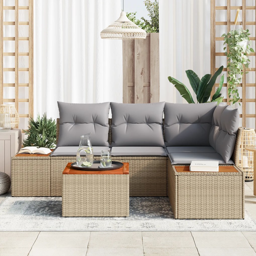 Conjunto de Sofá de Jardim com 5 Peças e Almofadas Bege Polyrattan Acá