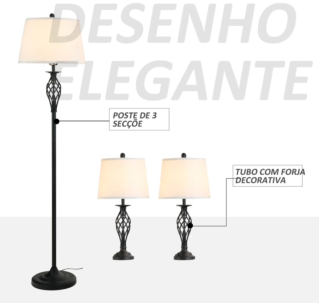 Conjunto de 2 Candeeiros de Mesa e Candeeiro de Pé com Ecrã de Tecido E27 Máx. 40W IP20 e Interruptor de Pé Candeeiros para Sala de Estar Dormitório Ø