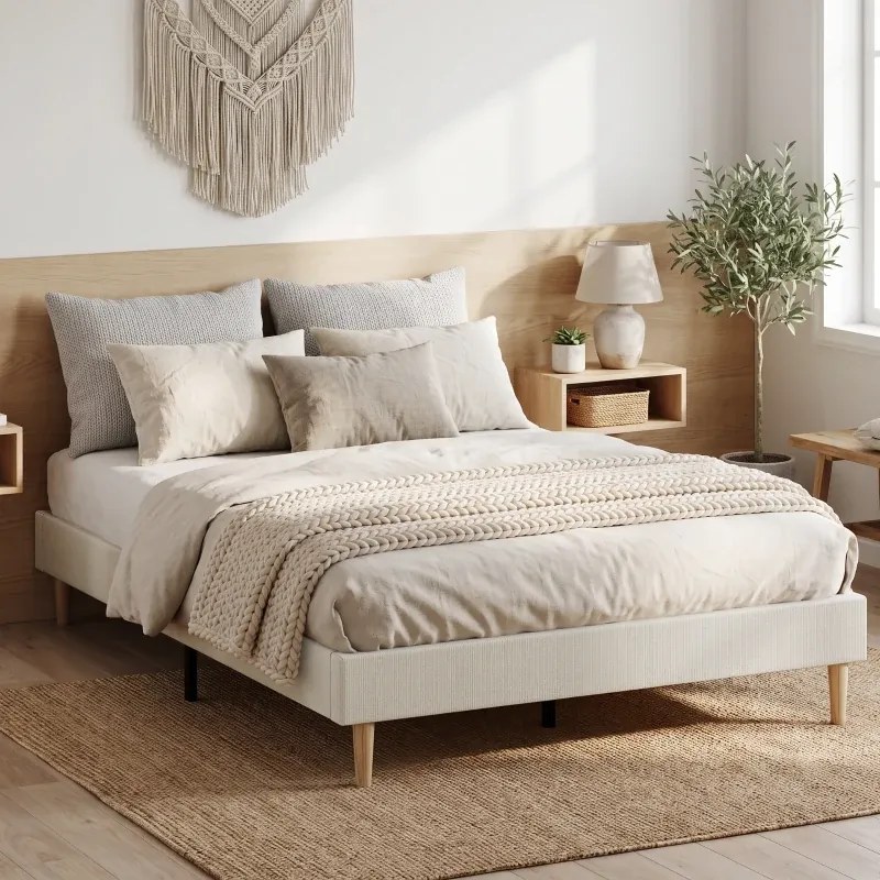 Estrutura de Cama de Casal Estofada (COLCHÃO NÃO INCLUIDO), 201 x 161 x 31 cm, Espaço de Arrumação por Baixo, Creme