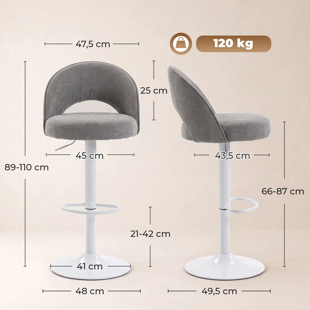 Conjunto de 2 bancos de bar, cadeiras de bar com altura ajustável, assento almofadado em chenille, giratórios a 360°, cinzentos