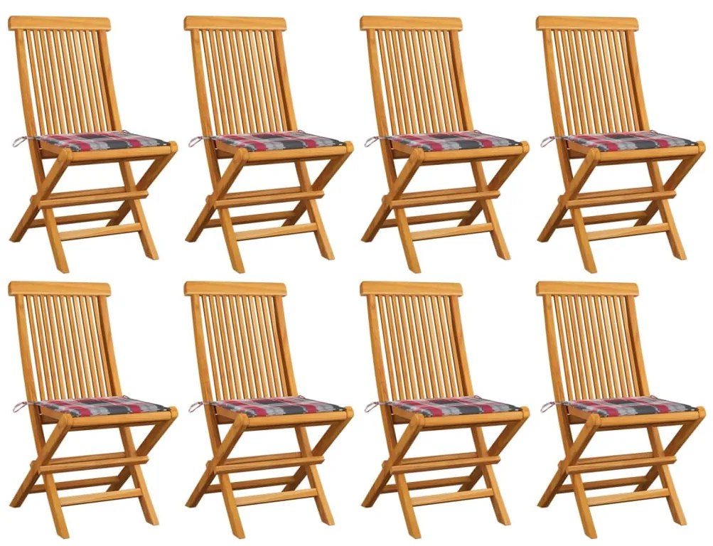 Cadeiras de jardim c/ almofadões xadrez vermelho 8 pcs teca