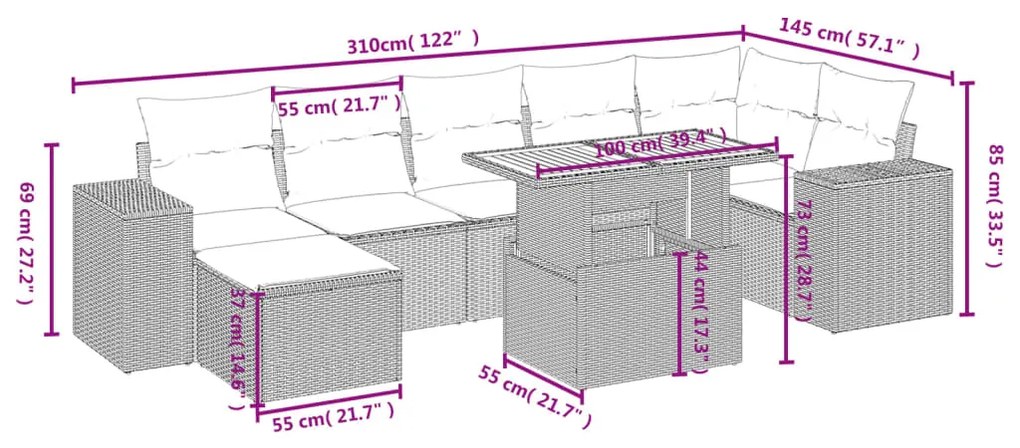 8 pcs conjunto sofás de jardim com almofadões vime PE preto