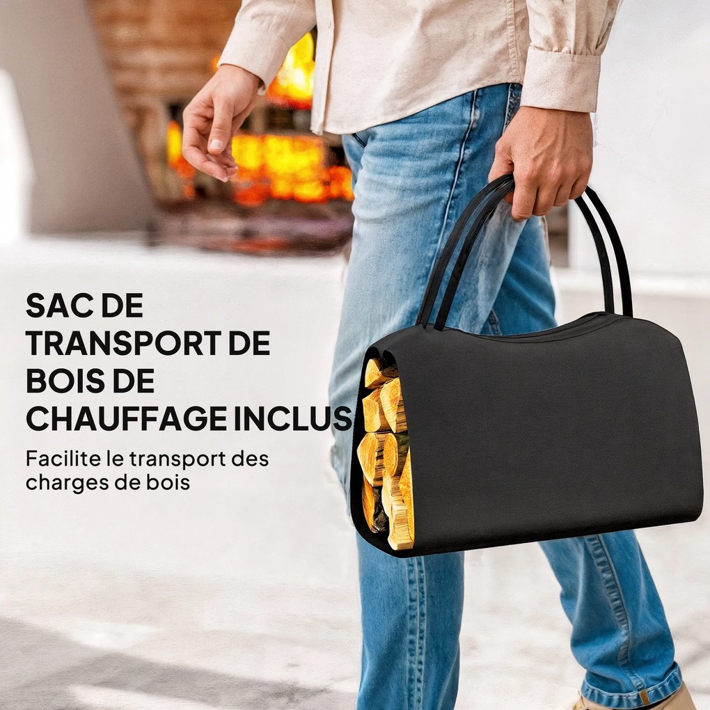 Porta-lenha 53 x 33 x 43 cm com saco de transporte e pegas para uso interior, em metal resistente, , preto