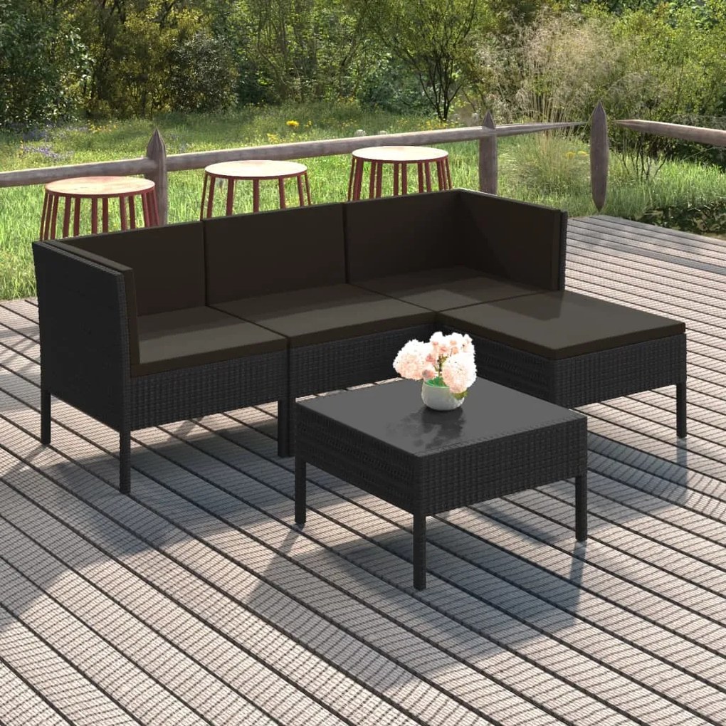 vidaXL 5 pcs conjunto lounge de jardim c/ almofadões vime PE preto