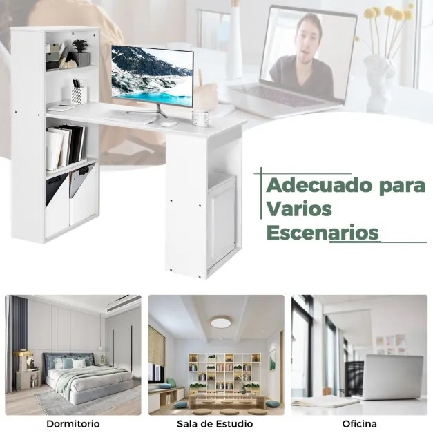 Secretária de computador com Estante de arrumação Secretária reversível para escritório de estudo Quarto de dormir 122 x 51 x 122 cm Branco