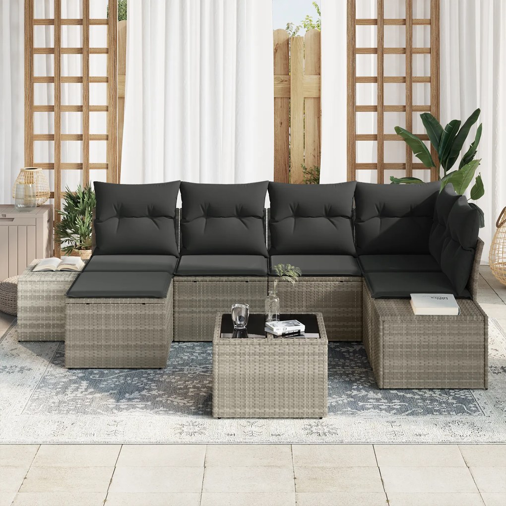 Conjunto de Sofá de Jardim de 7 Peças com Almofadas Cinza Rattan PE