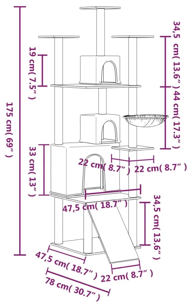 Árvore p/ gatos c/ postes arranhadores sisal 175 cm cinza-claro