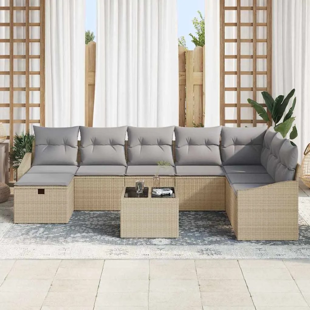 Conjunto de Sofá de Jardim em 9 Peças com Almofadas Bege Polyrattan