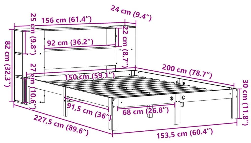 Cama com estante sem colchão 150x200 cm pinho maciço branco