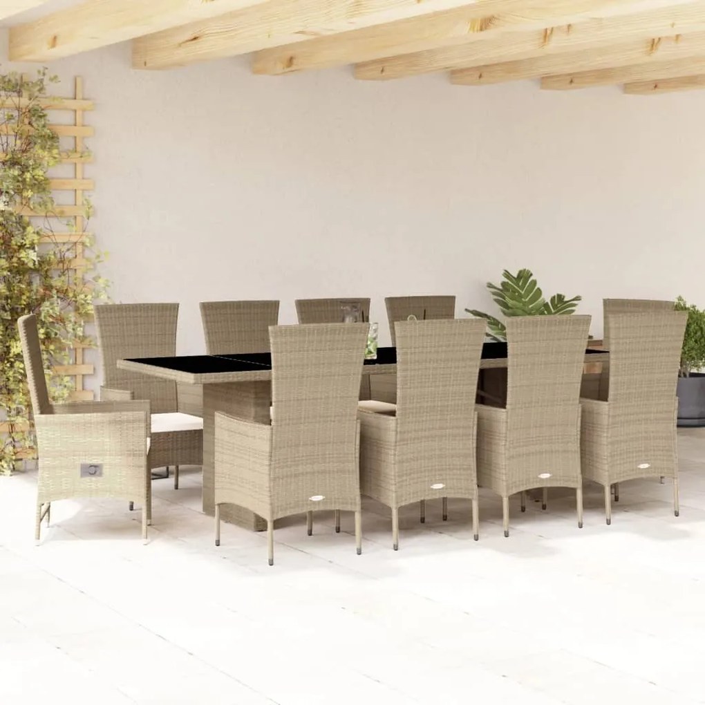 vidaXL 11 pcs conjunto de jantar p/ jardim com almofadões vime PE bege