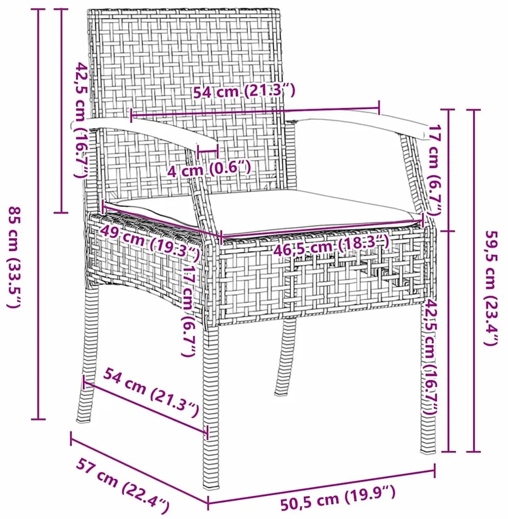 Conjunto de Jantar de Jardim com Almofadas - 3 Peças em Rattan, Poliés