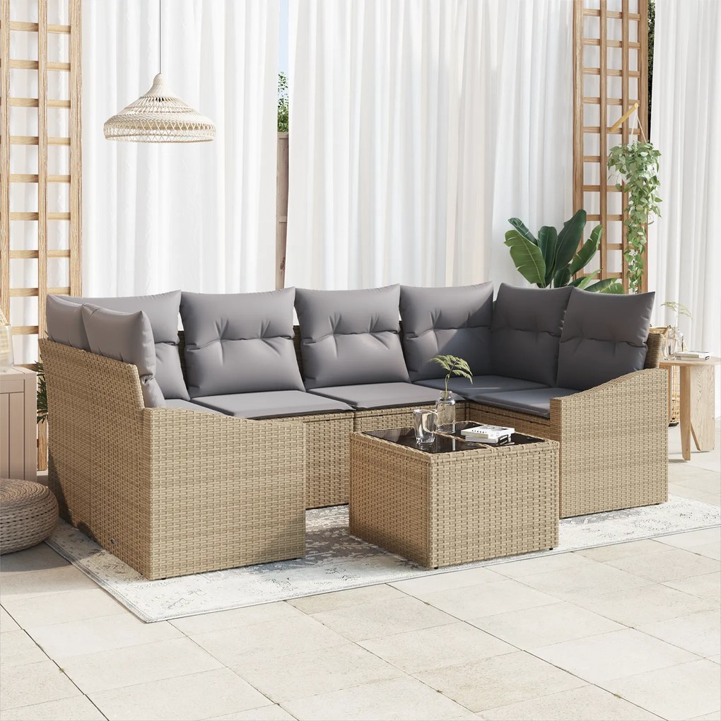 Conjunto de Jantar de Jardim de 7 Peças com Almofadas Bege em Rattan S