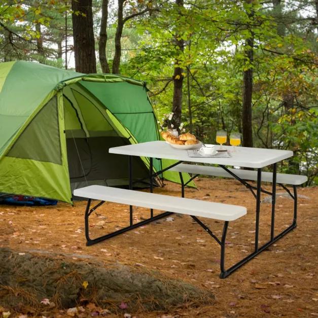 Conjunto de mesa piquenique, campismo dobrável e 2 bancos portátil retangular conjunto de mesa de camping ao ar livre para  jardim Branco