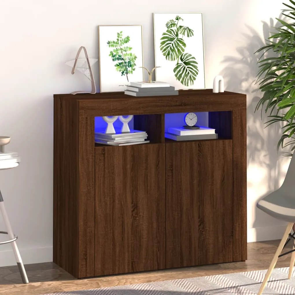 Aparador com luzes LED 80x35x75 cm carvalho castanho