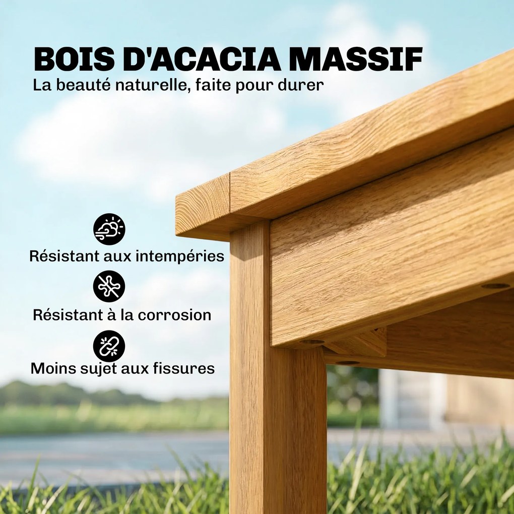Mesa de jardim quadrada 48 x 48 x 46 cm em madeira maciça de acácia, com tampo de ripas, pés ajustáveis natural