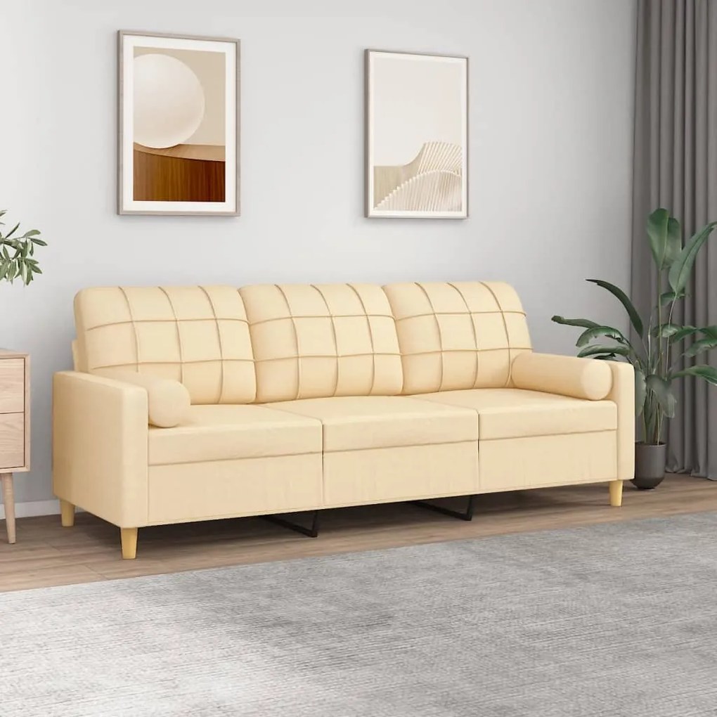 vidaXL Sofá 3 lugares c/ almofadas e almofadões 180cm tecido cor creme