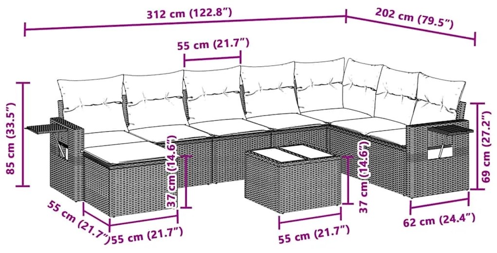 9 pcs conj. sofás jardim com almofadões vime PE cinzento-claro