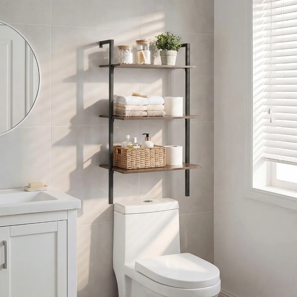 Estante flutuante 53,5 x 29,5 x 96 cm de 3 níveis em forma de escada, com estrutura preta e painéis industriais, para casa de banho, cozinha ou sala d