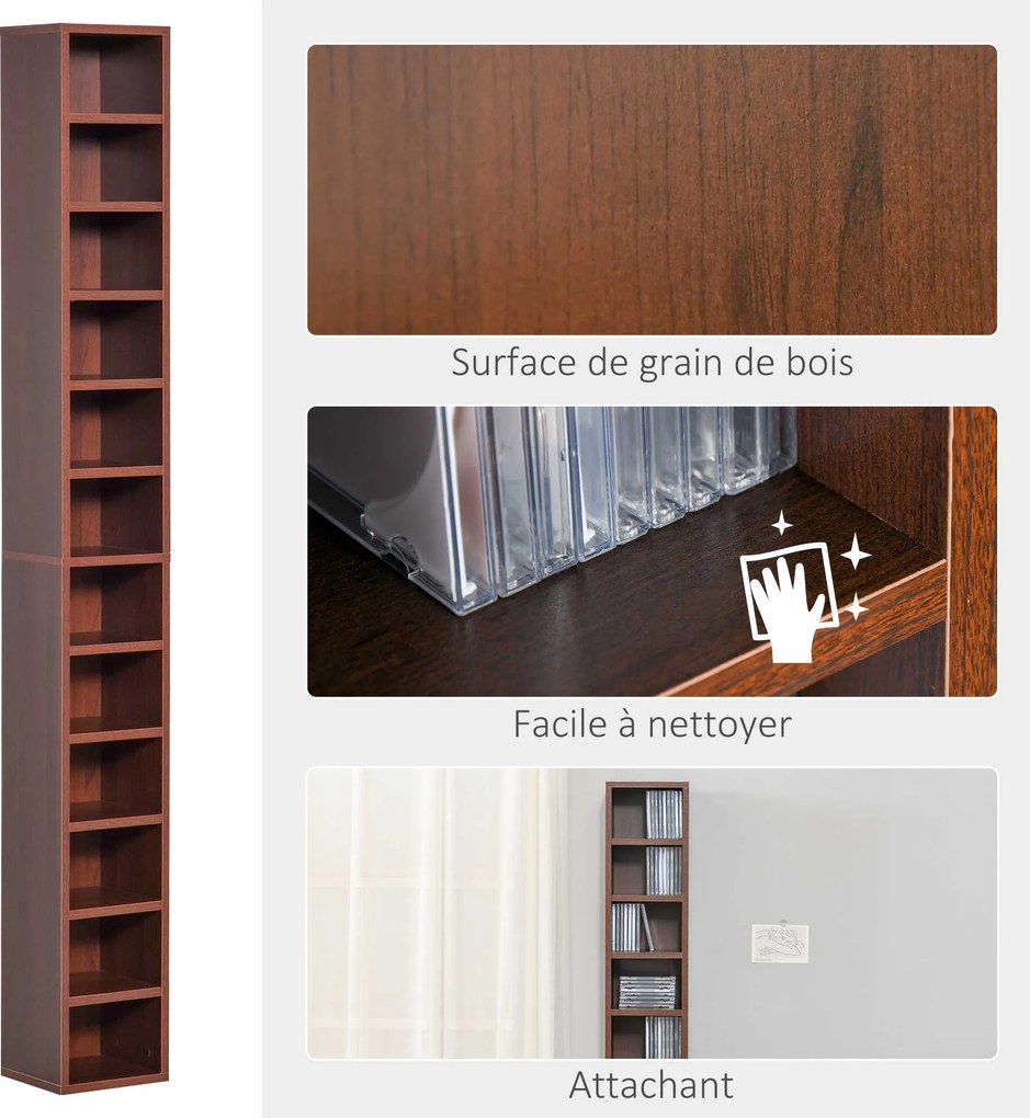 Organizadores para CD e DVD, estante vertical, móvel de arrumação com 12 compartimentos, capacidade máxima de 204 CD, 21 x 20 x 175 cm, castanho