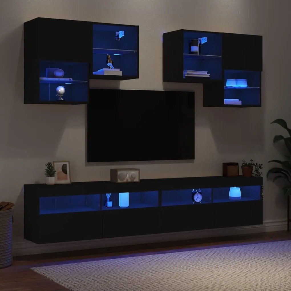 vidaXL 6 pcs conjunto de móveis de parede para TV com luzes LED preto