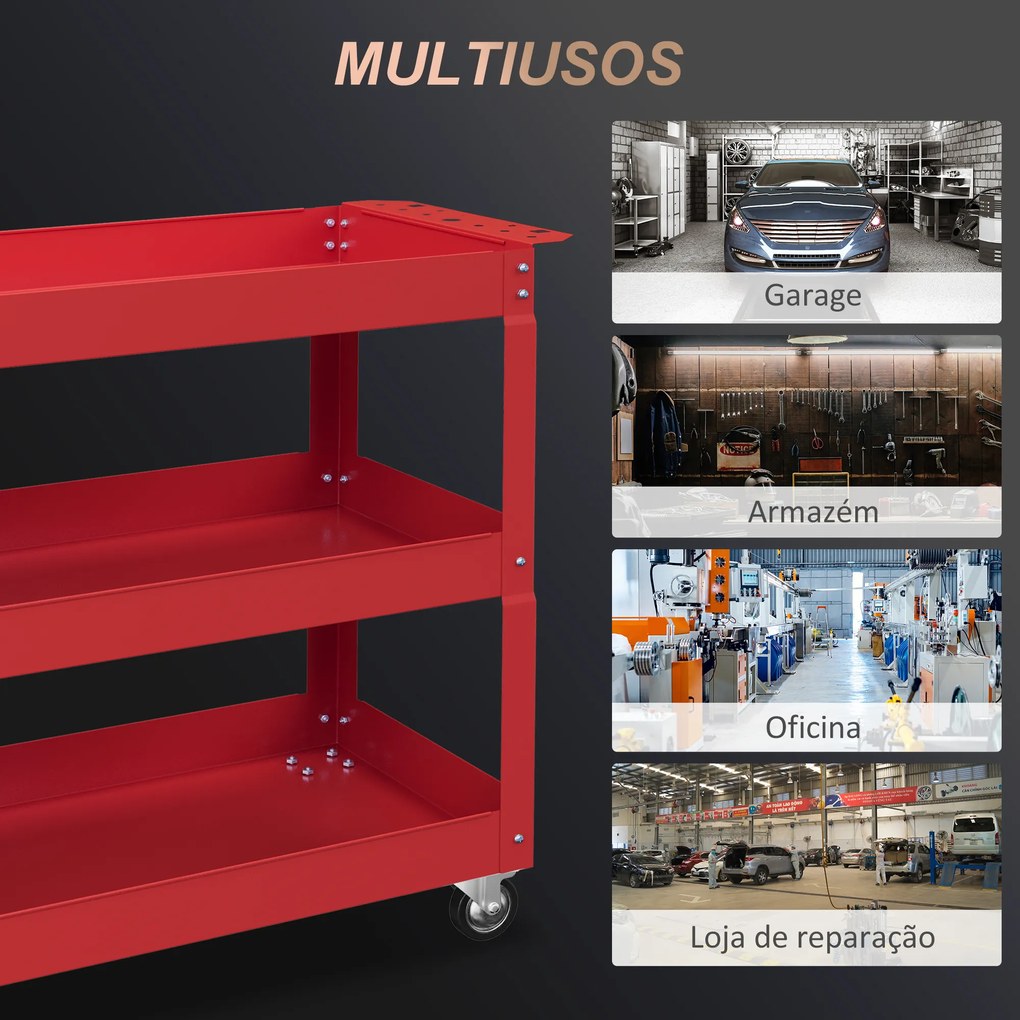 Carrinho de Ferramentas com Rodas 3 Prateleiras de Armazenamento e Alça Lateral 83x35,3x76 cm Vermelho