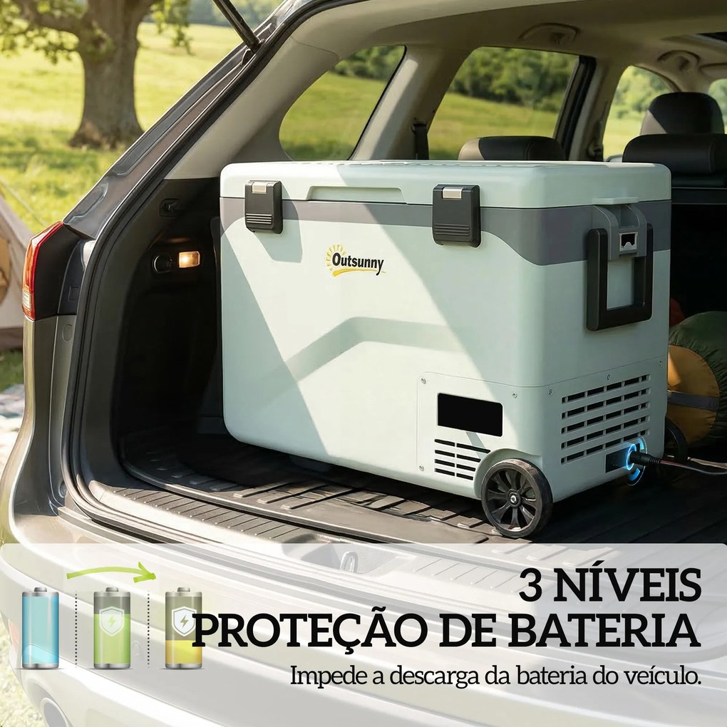 Geleira Portátil Elétrico 42,5 L com Compressor Controlo por App Rodas Asa Barra -20 ℃ a 20 ℃ e Suporte para Telemóvel Verde