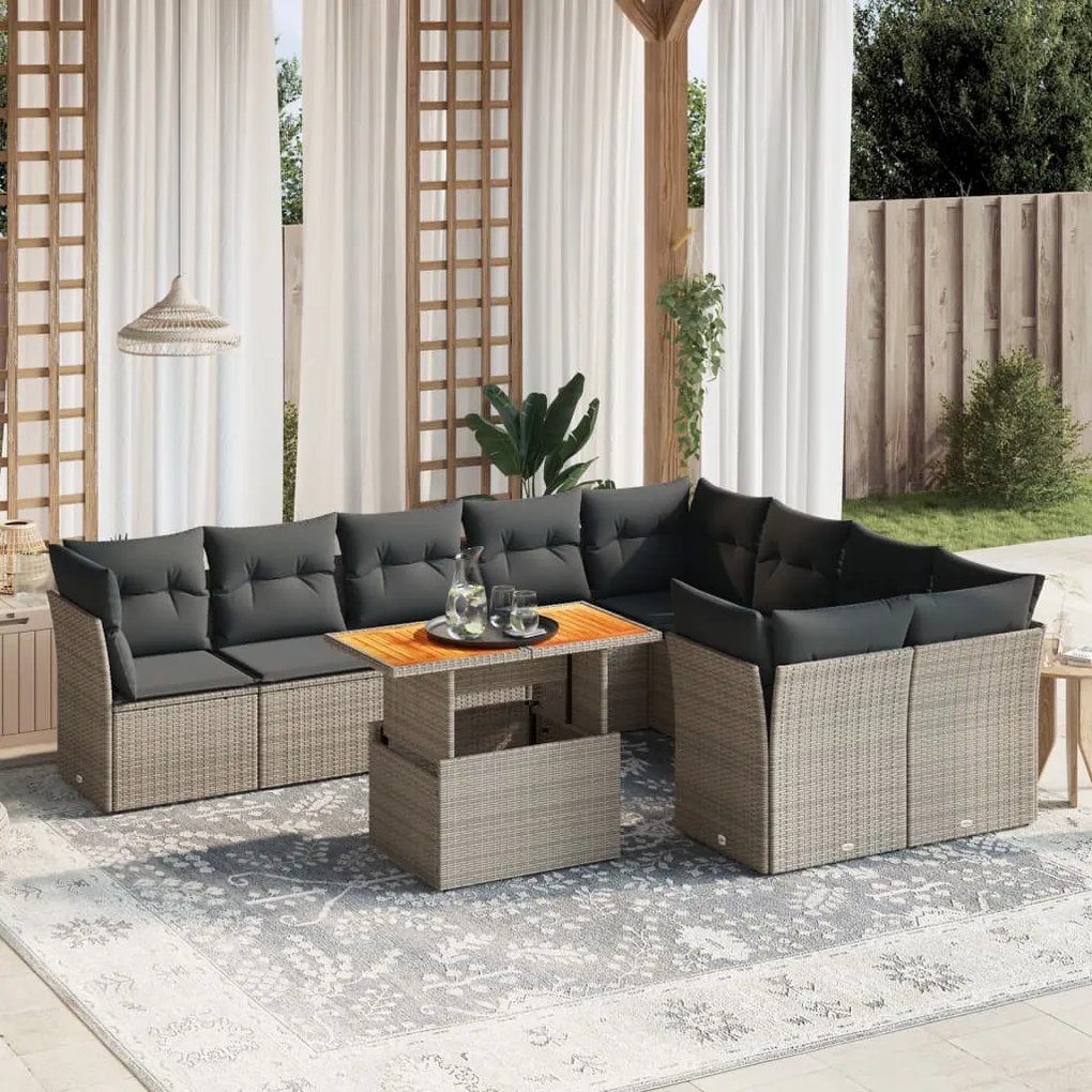 10 pcs conjunto sofás de jardim c/ almofadões vime PE cinzento