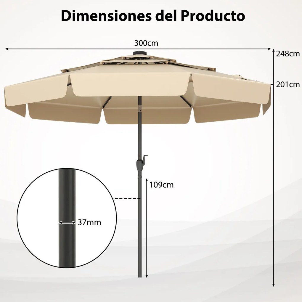 Guarda-sol solar de 300 cm com 32 luzes LED, parte superior ventilada com 3 níveis e ajuste de inclinação - bege