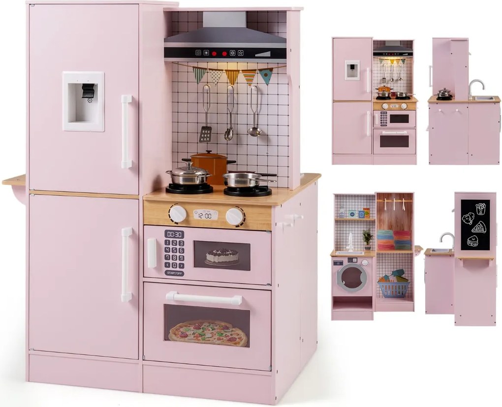 Cozinha de brincar dupla face em madeira 73 x 55 x 98 cm com dispensador de água, micro-ondas e utensílios simulados, luzes e sons, para maiores de 3