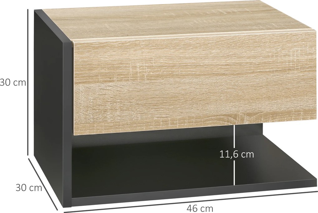 Conjunto de 2 Mesas de Cabeceira Flutuantes com 1 Gaveta e Prateleira Aberta 46x30x30 cm Carvalho e Preto