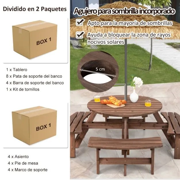 Conjunto jardim de mesa de madeira para 8 pessoas ao ar livre com mesa de piquenique com buraco para guarda-sol e 4 bancos de jardim Castanho