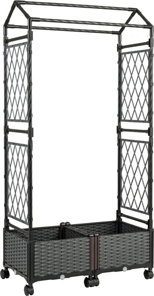 Floreira de jardim 81 x 40 x 162 cm com rega automática, com treliça e rodas bloqueáveis em rattan para plantas trepadeiras, tomates ou flores, cinza