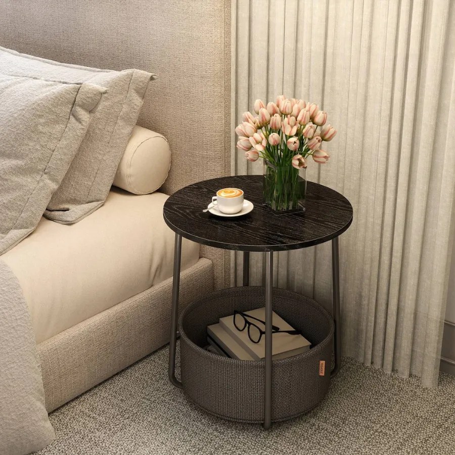 Mesa auxiliar redonda com cesto em tecido 45 x 50 cm preto ébano + cinza ardósia