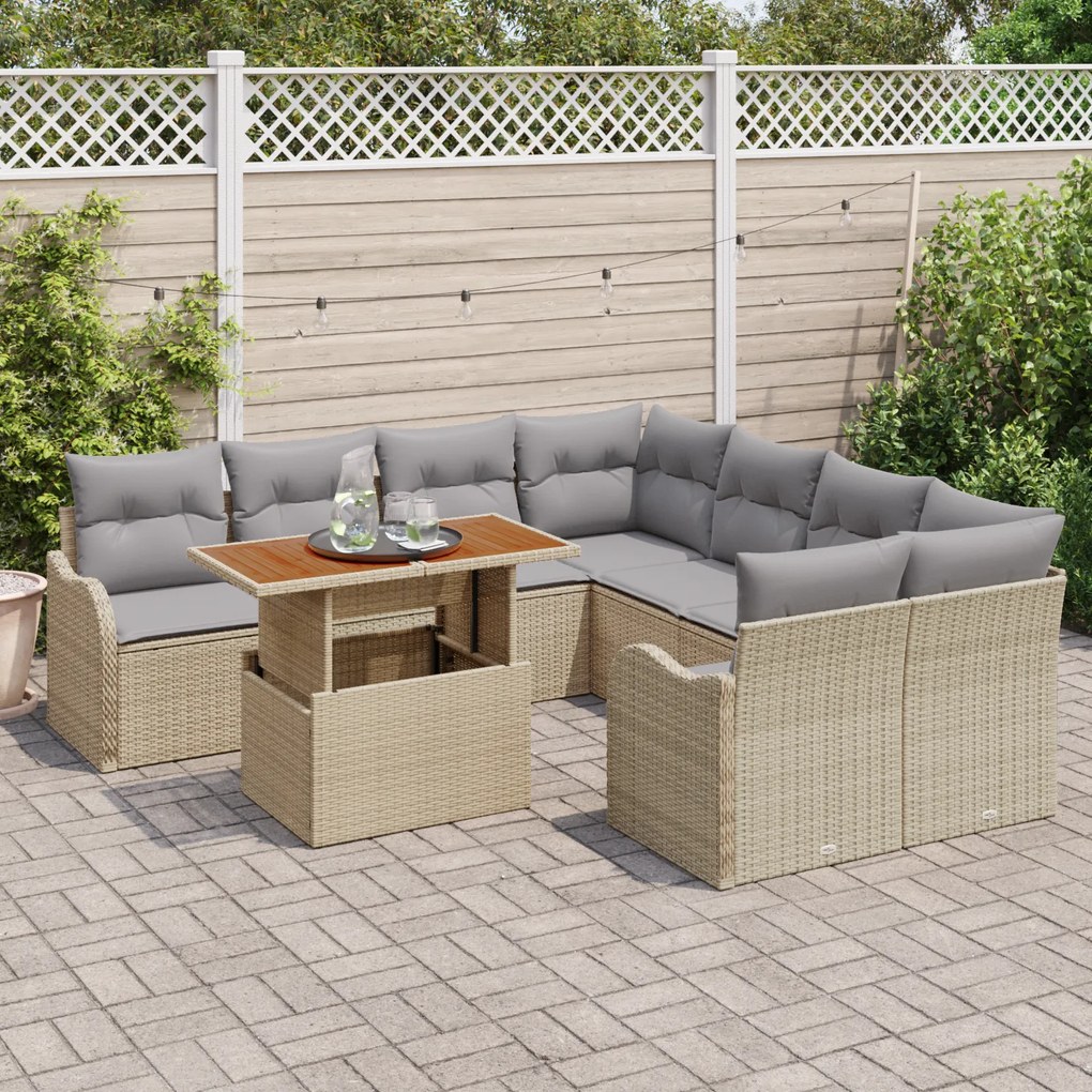 Conjunto de Sofá de Jardim vidaXL de 9 Peças com Almofadas Bege Polira