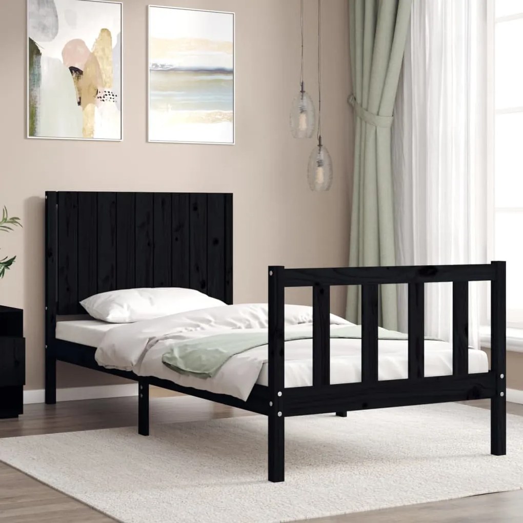 Estrutura de cama com cabeceira 90x200 cm madeira maciça preto