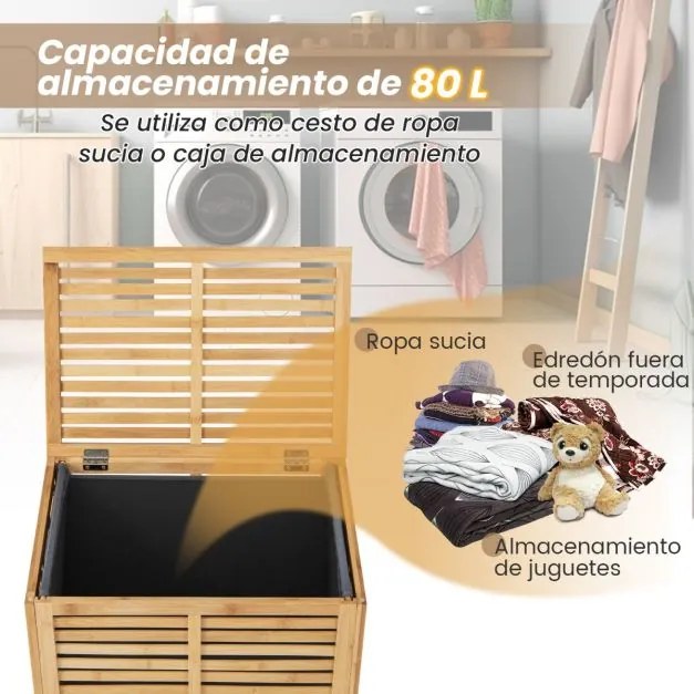 Cesto de roupa suja de bambu 80 L Organizador de roupa suja de bambu Organizador de ripas para lavandaria Quarto e casa de banho 50 x 35 x 62 cm Natur