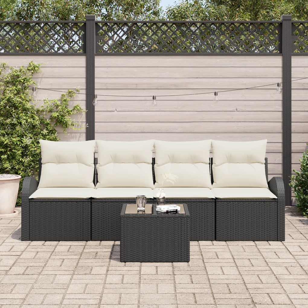 Conjunto de Sofá de Jardim vidaXL com Almofadas Preto Rattan Poliéster