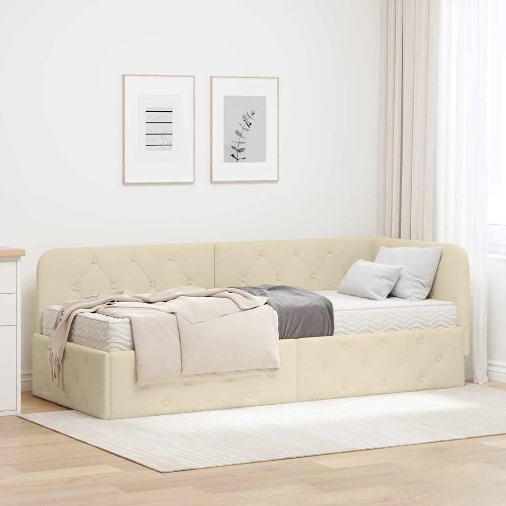 vidaXL Estrutura de Cama de Canto com colchão Creme 80 x 200 cm tecido