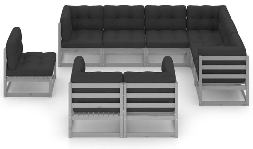 9pcs conjunto lounge de jardim c/ almofadões pinho maciço cinza