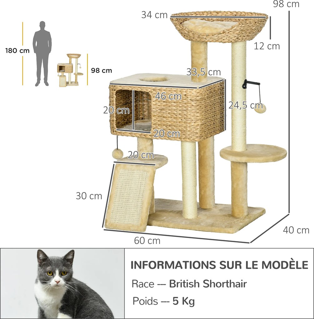 Arranhador para gatos 60 x 40 x 98 cm, compartimentos abertos, cesto de observação, plataformas e pompons suspensos bege
