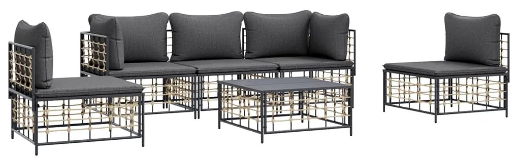 6 pcs conjunto lounge de jardim c/ almofadões vime PE antracite