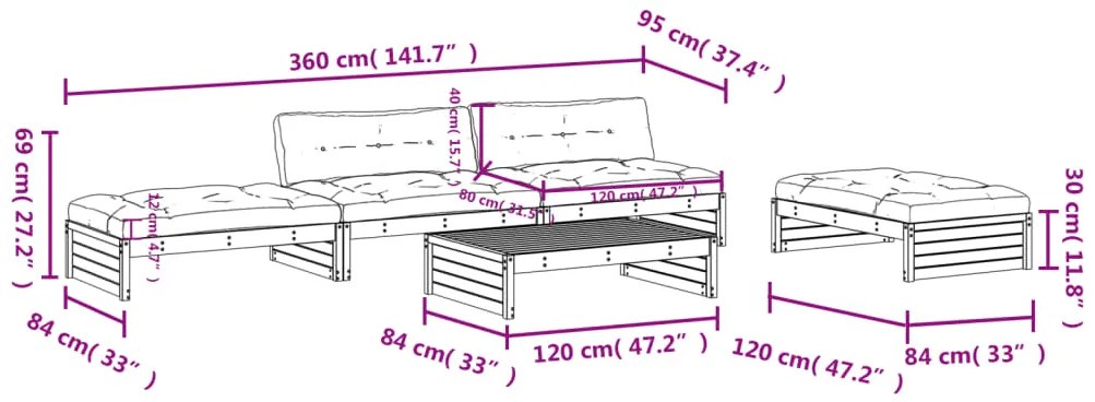 5 pcs conjunto lounge jardim com almofadões madeira maciça